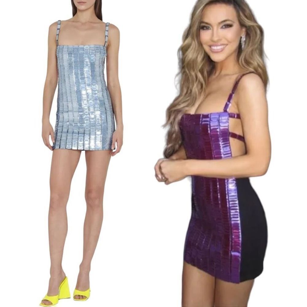 The Attico Rue Mini Baby Blue Cocktail Dress Tile Sequin Selling Sunset Size 44